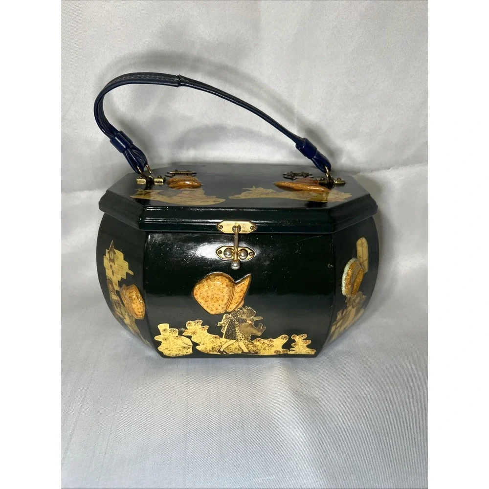 Vintage Holly Hobbie 3‎ D Decoupage Black Lacquer Wooden Handbag